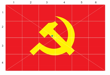 Hình 1b: Chia ô Đảng kỳ (Chấm “xanh” là tâm Búa Liềm)