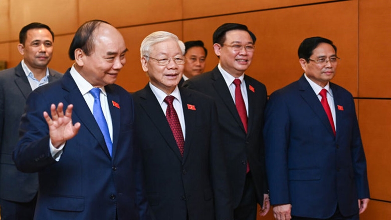 Tổng Bí thư Nguyễn Phú Trọng, Chủ tịch nước Nguyễn Xuân Phúc, Thủ tướng Phạm Minh Chính, Chủ tịch Quốc hội Vương Đình Huệ tại kỳ họp thứ nhất, Quốc hội khóa XV.